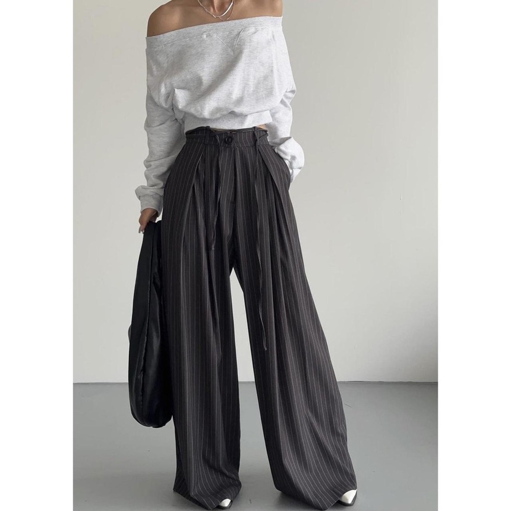 The Frankie Shop - Noor Wide Pants in Grey Pinstripe